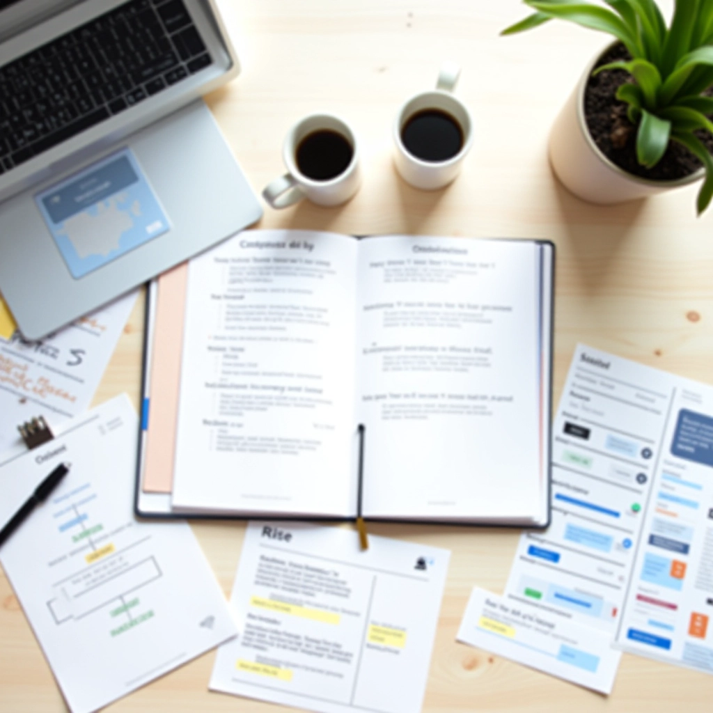 Onboard Pulse Editorial Team workspace with research materials, documents, and notebooks on a desk