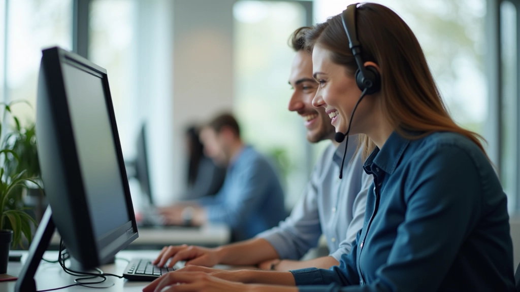 Support technician helping employee at computer workstation in office environment