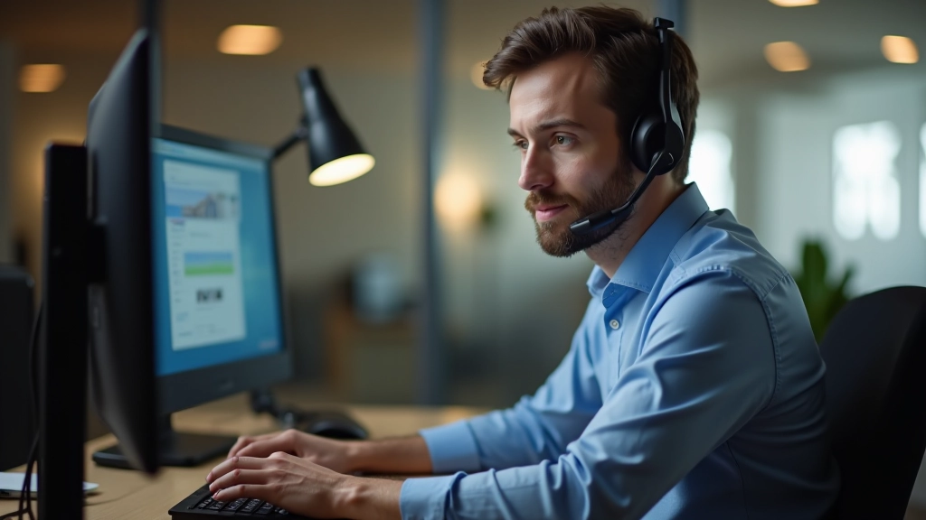 Person working at computer monitor in support role, reviewing chat logs and documentation for troubleshooting