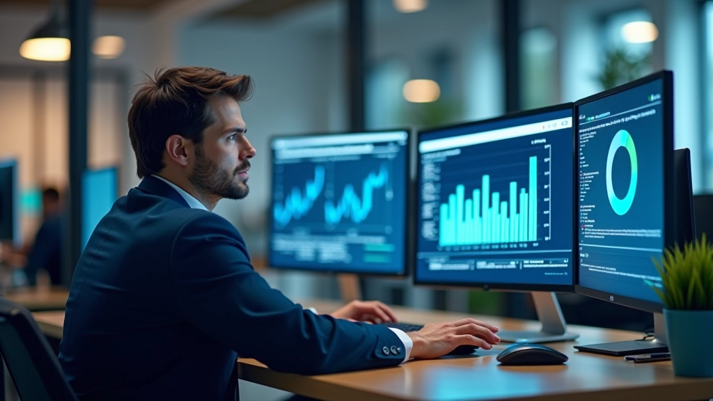 Person at desk reviewing analytics dashboard with charts and performance metrics on multiple screens