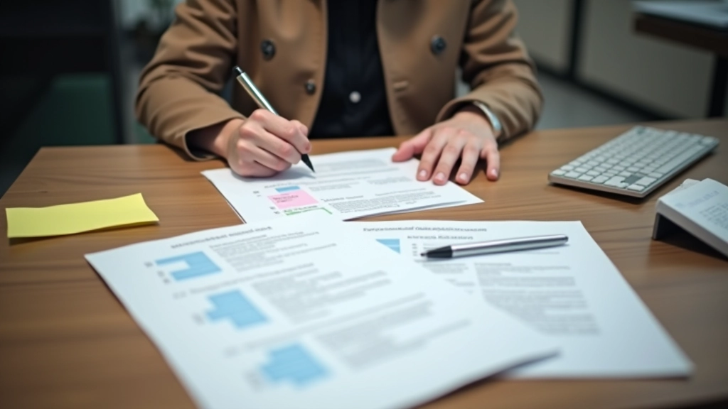 Training manual and documentation materials spread on desk with sticky notes marking important sections and keyboard nearby