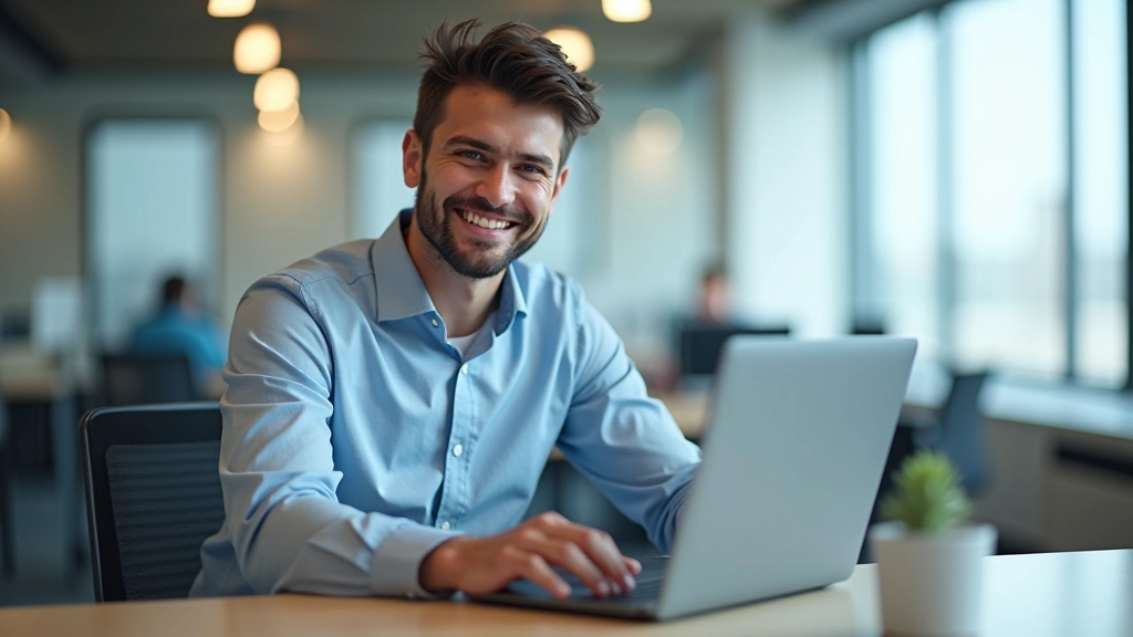 New employee on first day smiling at desk with laptop, using onboarding chatbot on screen